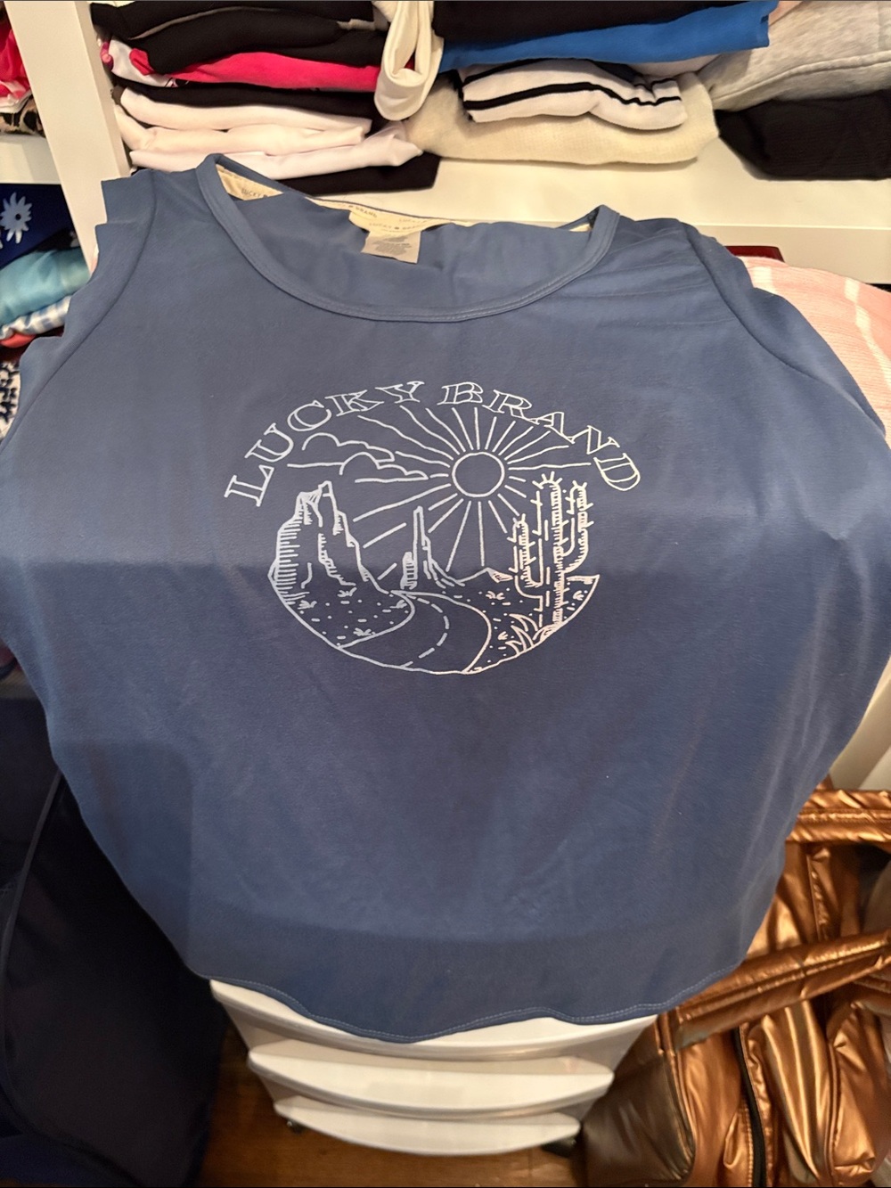 Lucky Brand Slate Blue Graphic Tank with Desert Motif